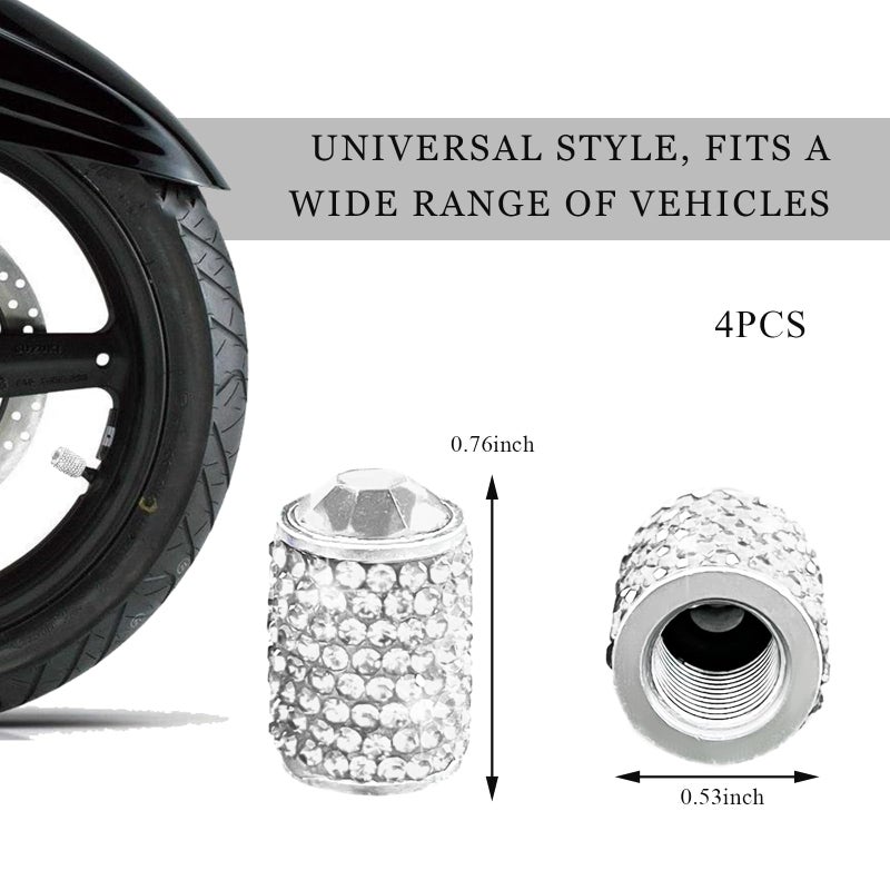 ZNDAW 4 PCS Tire Stem Valve Caps, Bling Crystal Rhinestone Wheel Tire Valve Cap Set with Rubber Ring, Dustproof Leakproof Sparkling Air Stem Cover Universal for Most Vehicles (White) - Image 2